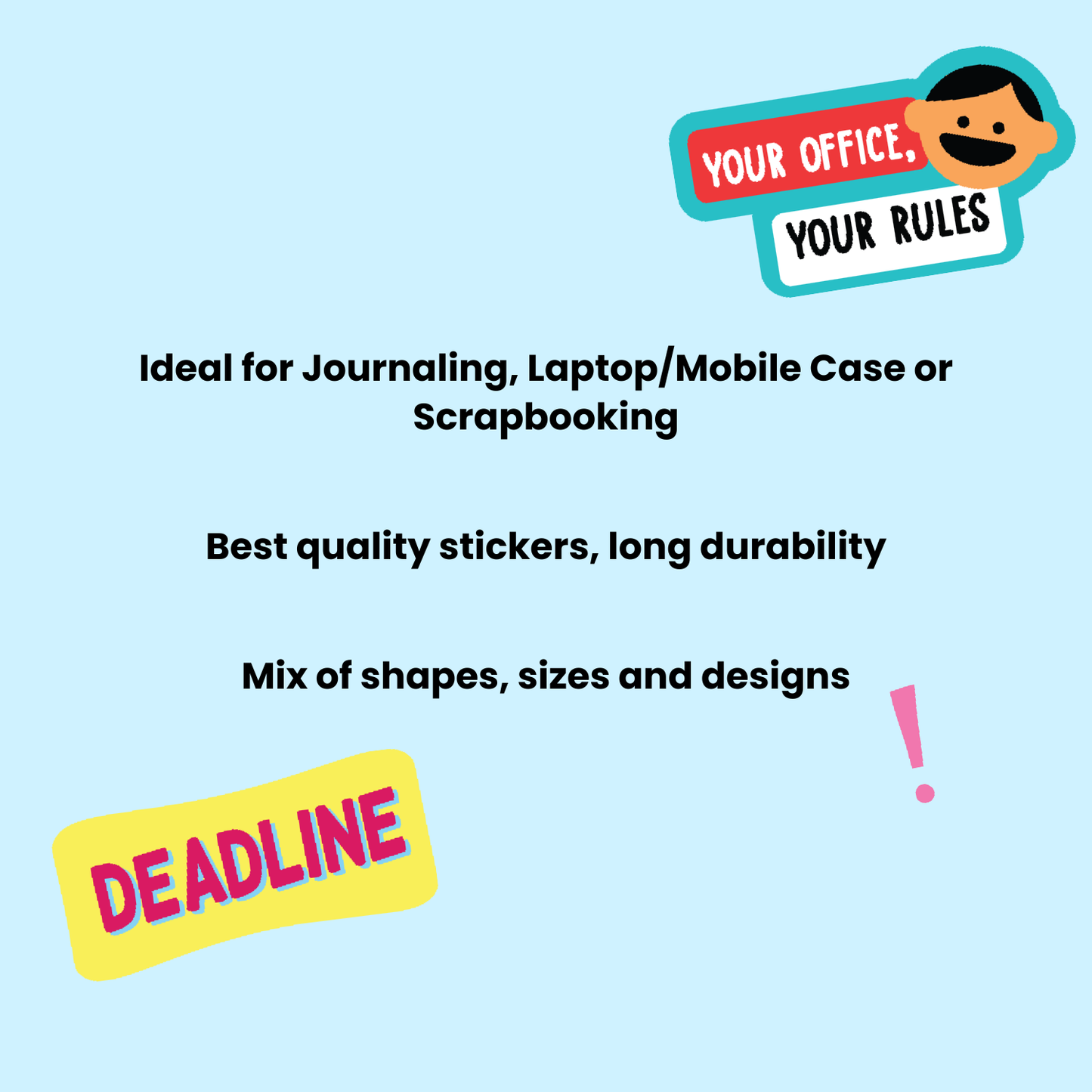 Promotional text for office supplies on a light blue background with colorful stickers.