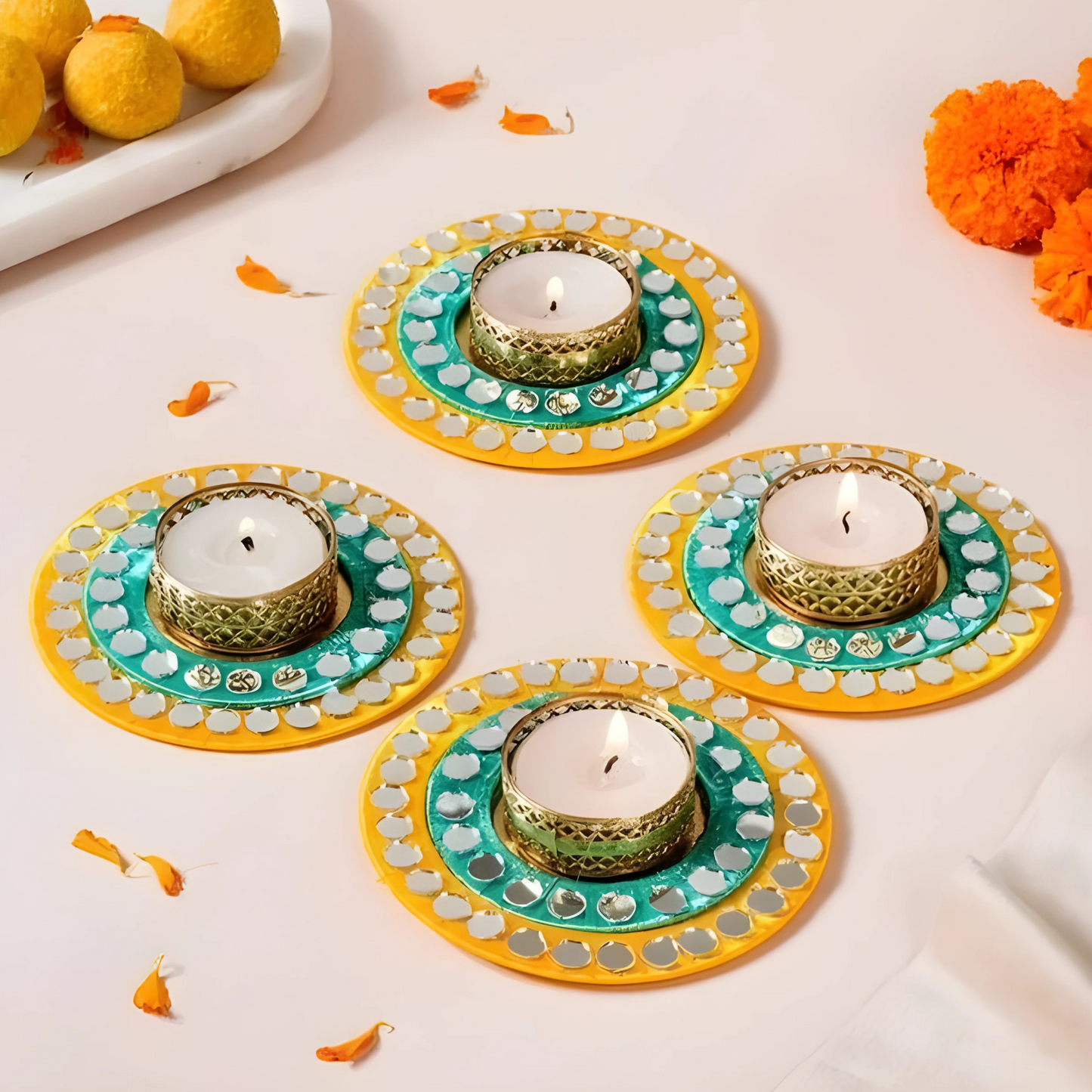 Decorative candle holders with candles on a light background