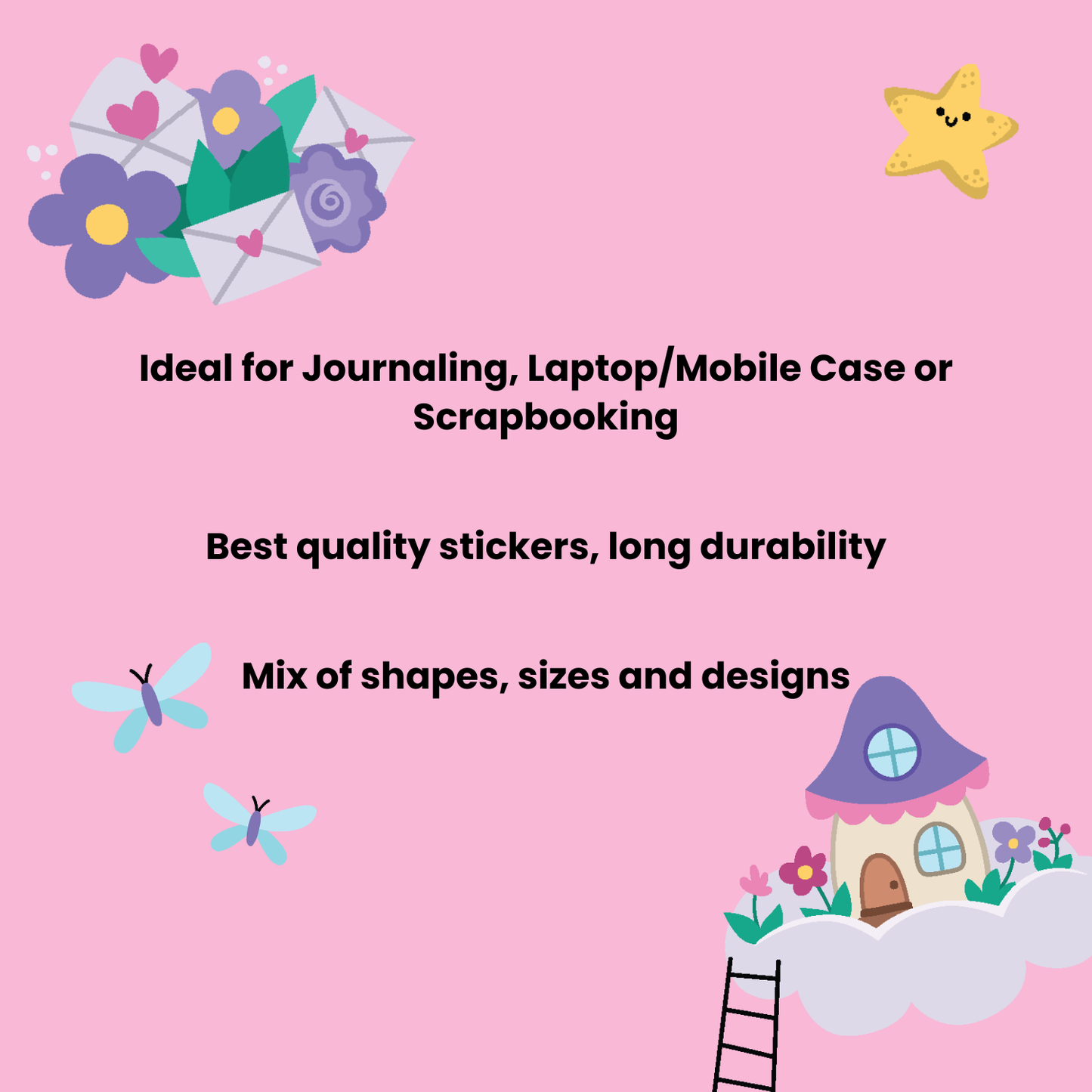 Decorative pink background with cartoon elements and text about stickers for journaling, laptop/mobile case, or scrapbooking.