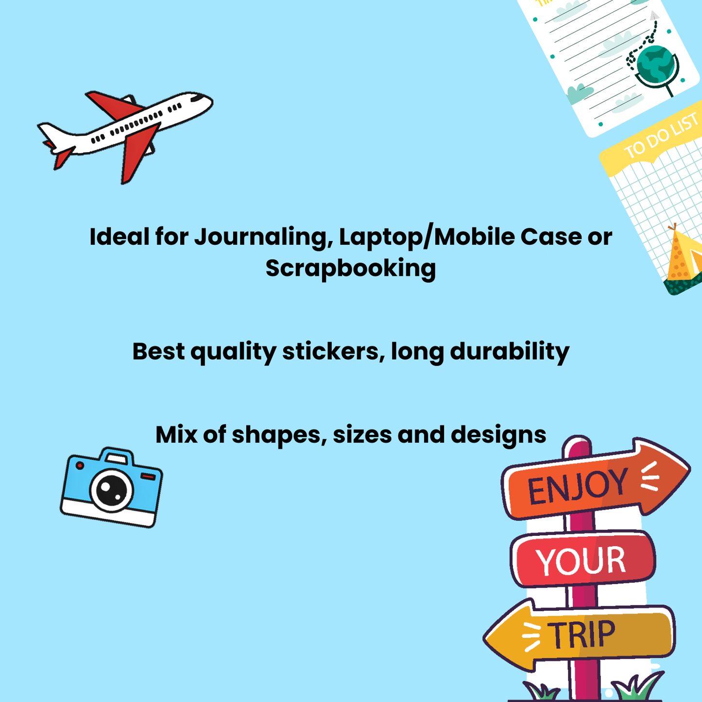 Promotional graphic for stickers with airplane, camera, and road sign illustrations on a blue background.