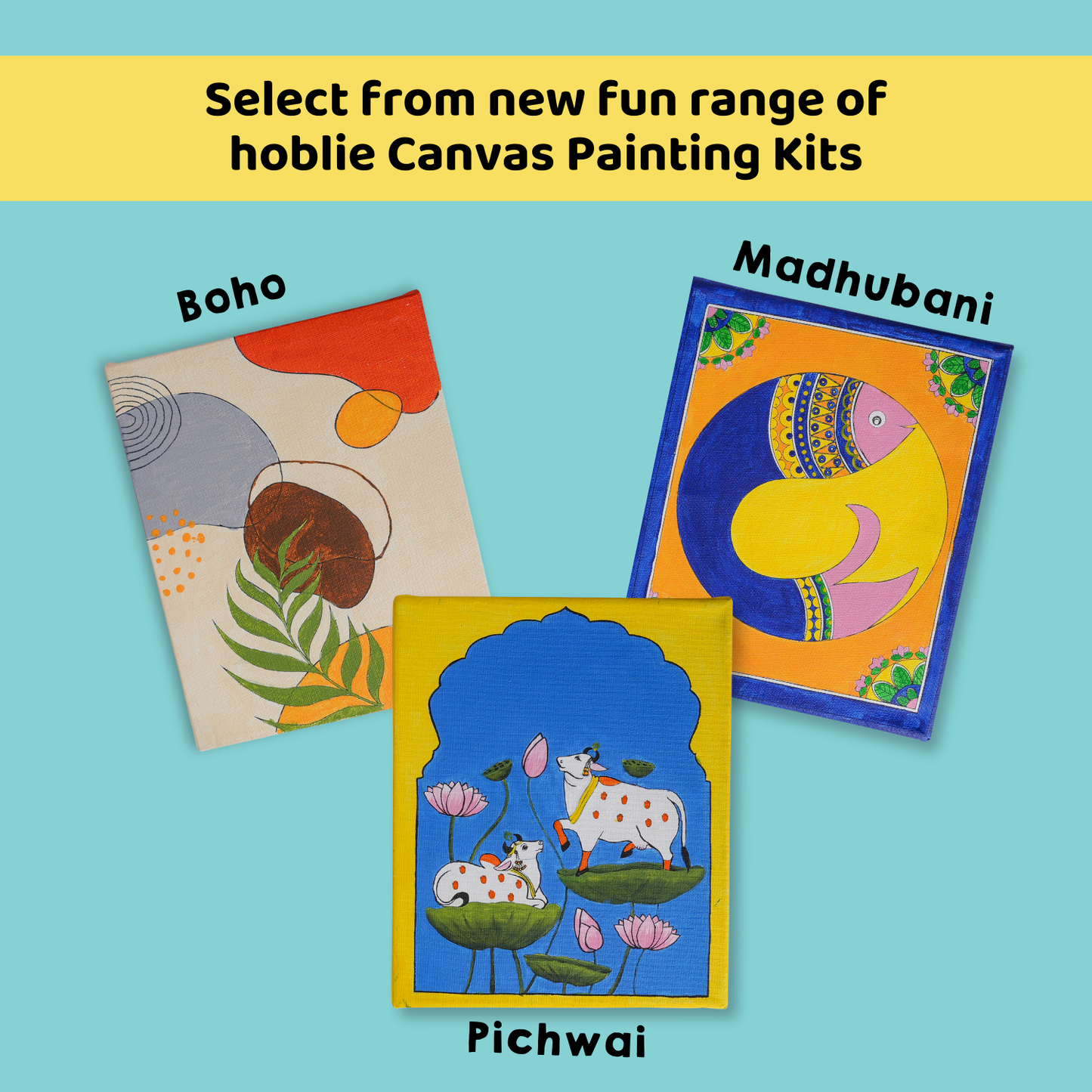 hobby kit canvas painting varients - boho, madhubani, pichwai for adults. The best DIY Kits for Adults - india