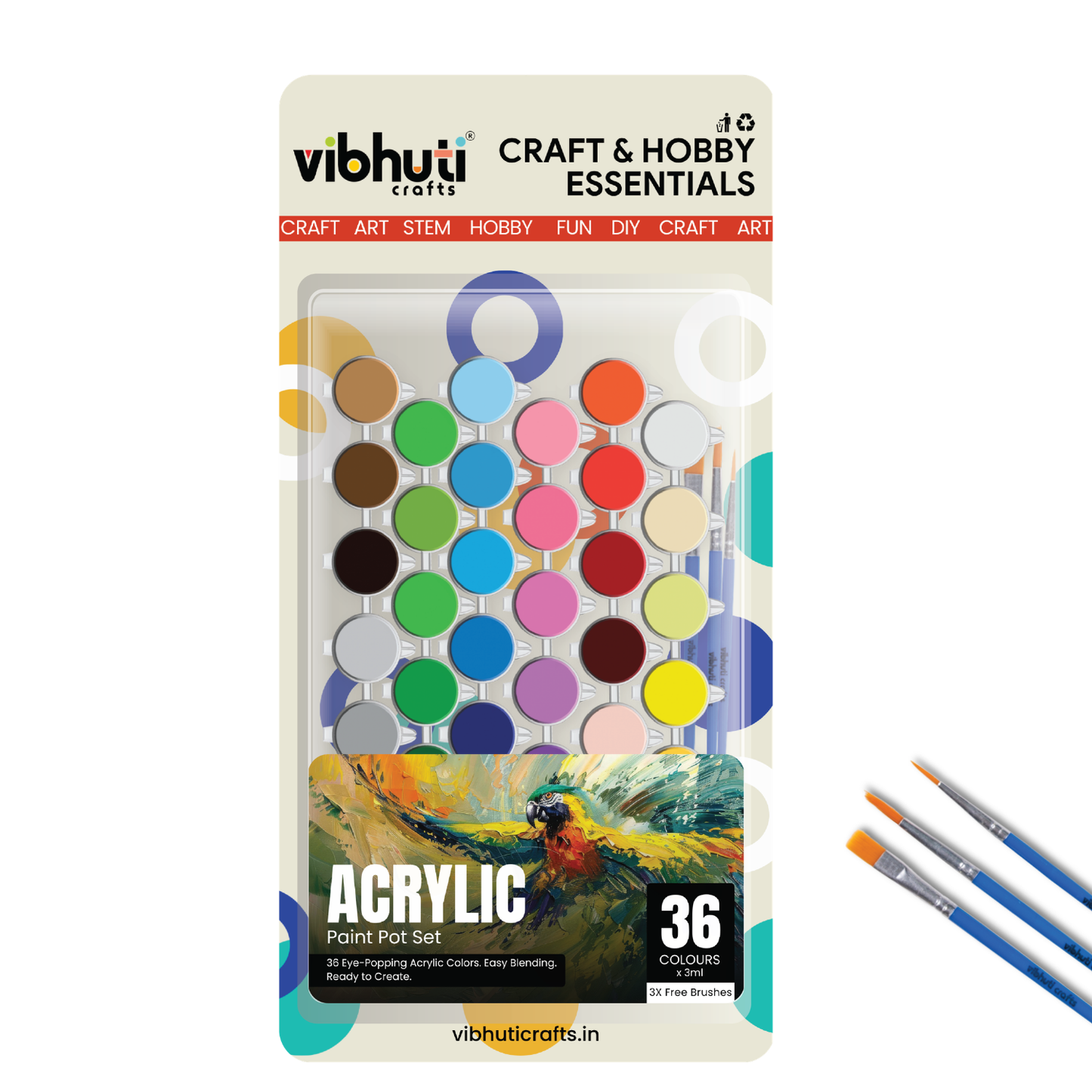 Vibhuti Crafts acrylic paint pot set packaging with paint pots and brushes on a white background