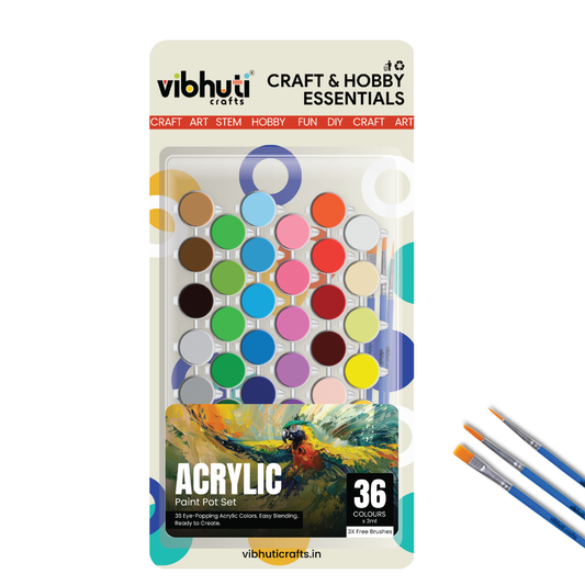 Vibhuti Crafts acrylic paint pot set packaging with paint pots and brushes on a white background