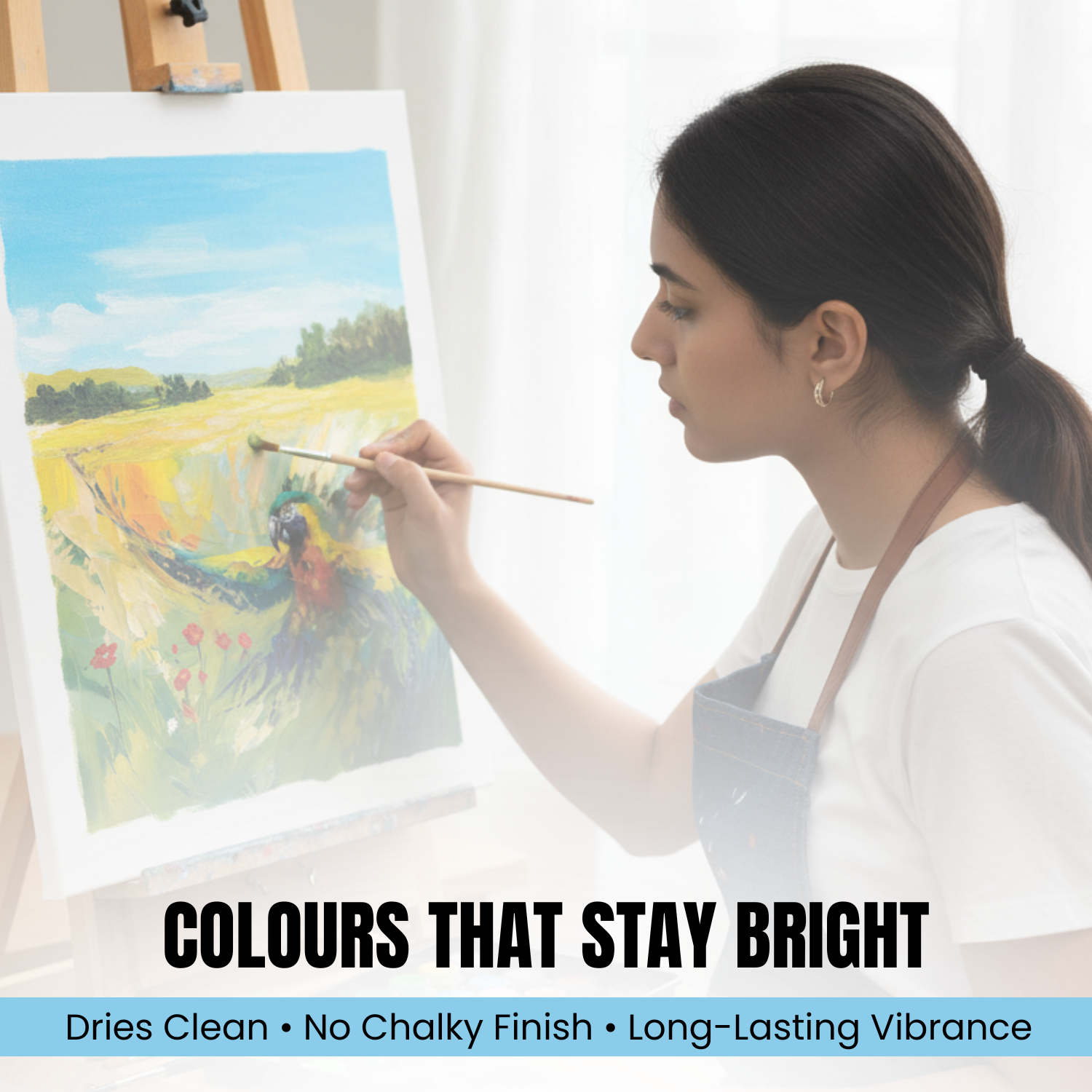 Woman painting a landscape with text about paint qualities