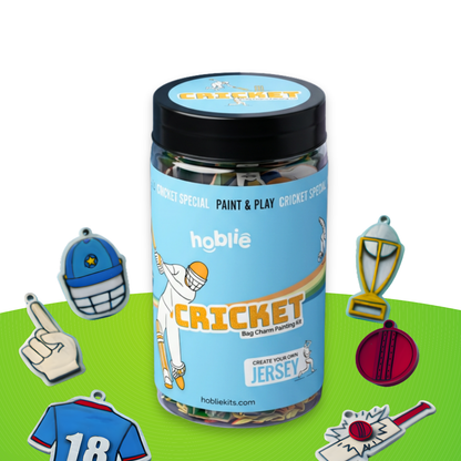 Jar of Cricket paint and play kit with cricket-themed charms on a white-green background