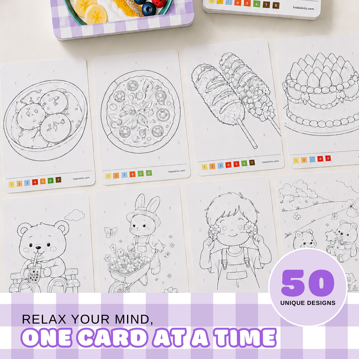 Set of 50 unique paint by number cards with food, cute character and drawing sheet designs for relaxing colouring and painting activity