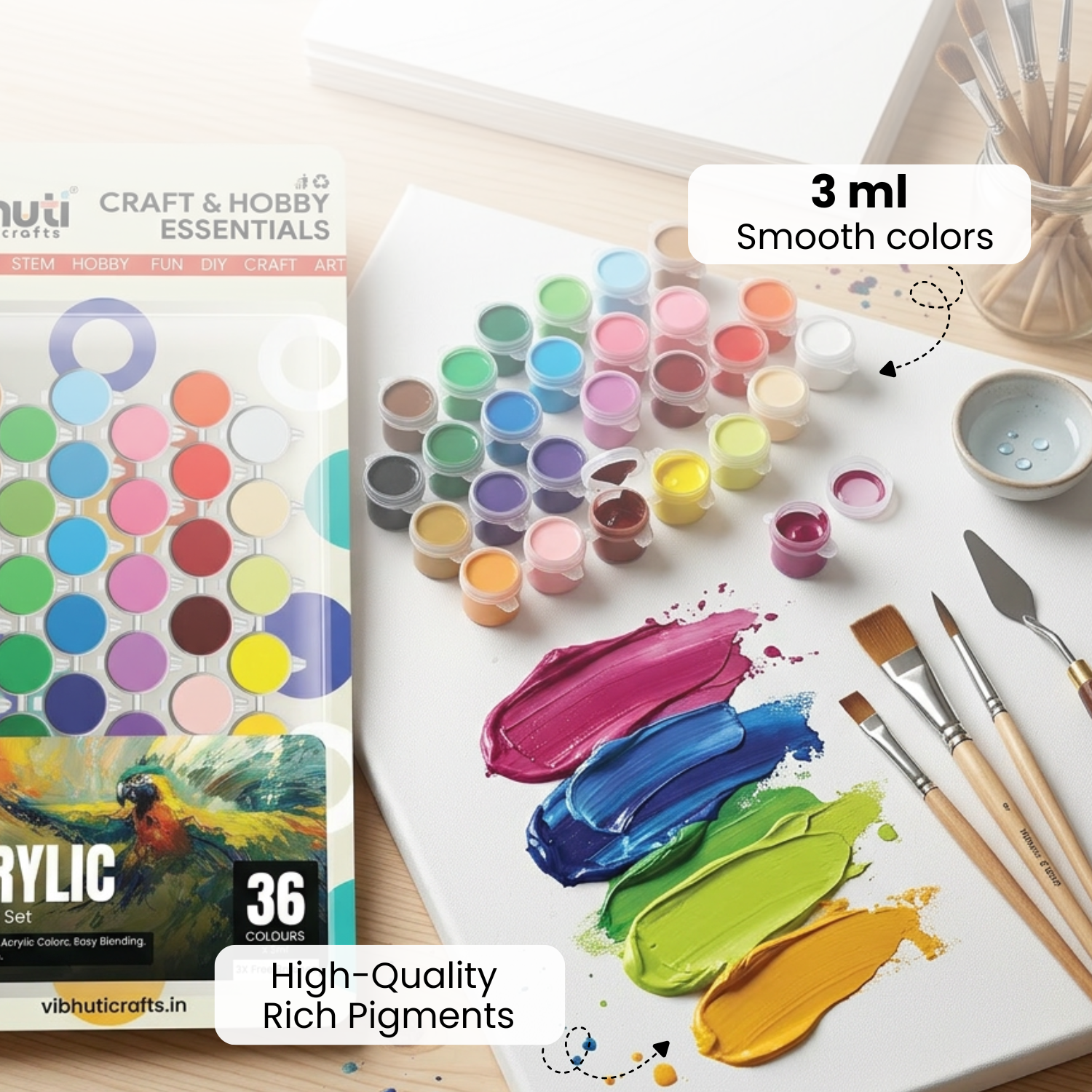 Acrylic paint set with colors on a palette and packaging
