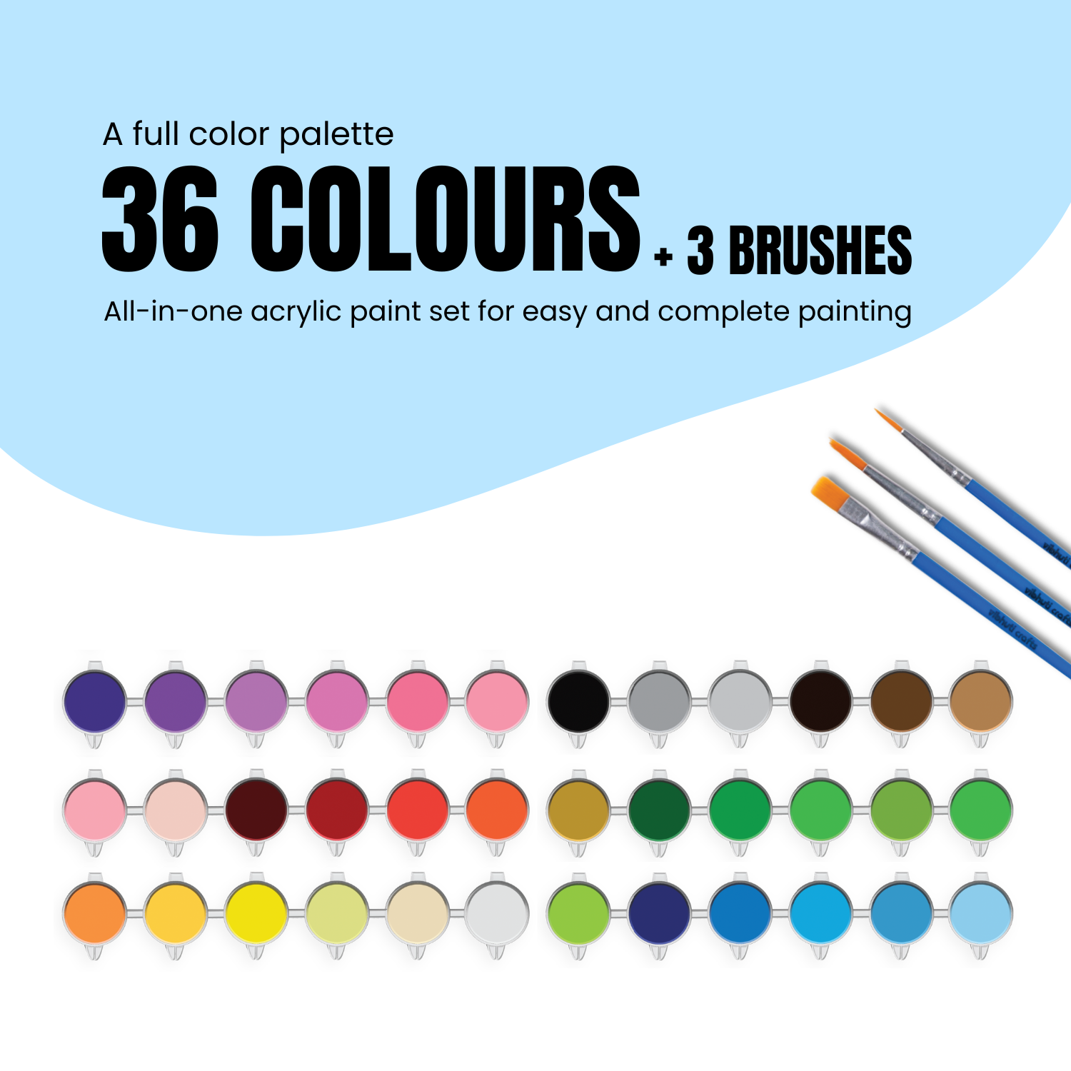 Acrylic paint set with 36 colors and 3 brushes on a white background