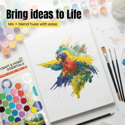 Colorful parrot illustration on a notebook with art supplies and text about bringing ideas to life.