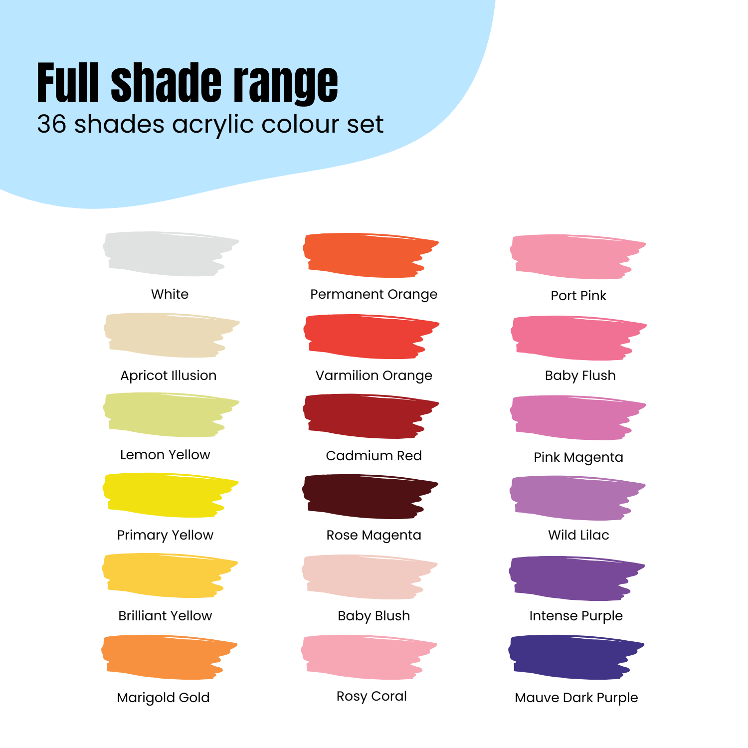 Acrylic color swatches with names on a white background
