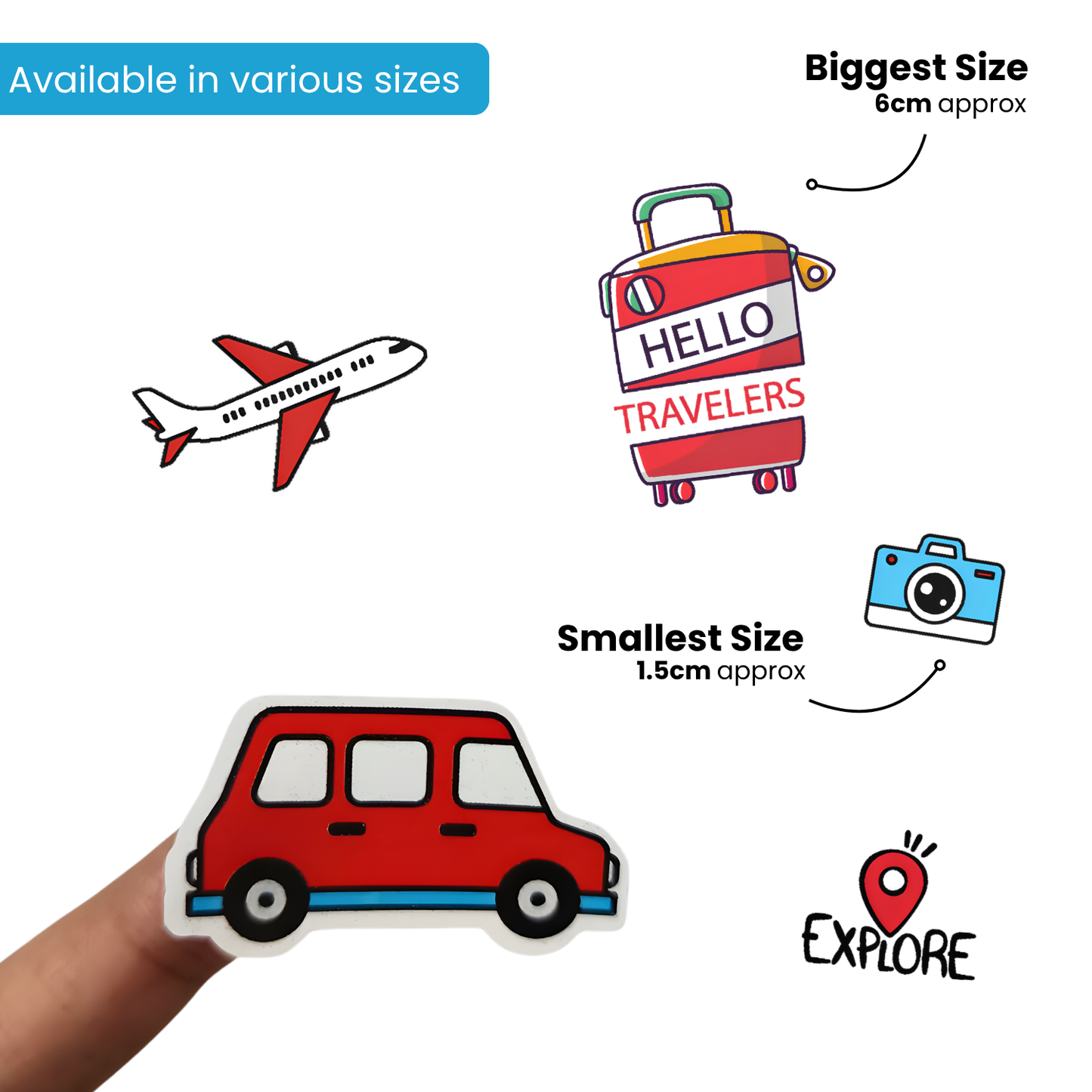 Illustrations of a suitcase, airplane, car, and camera with text indicating size and availability.