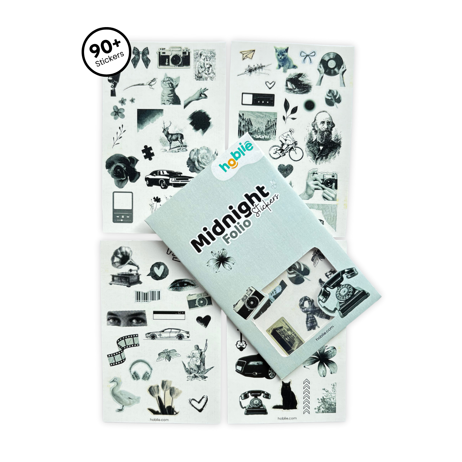 Sticker book with various black and white illustrations on a white background