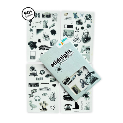 Sticker book with various black and white illustrations on a white background