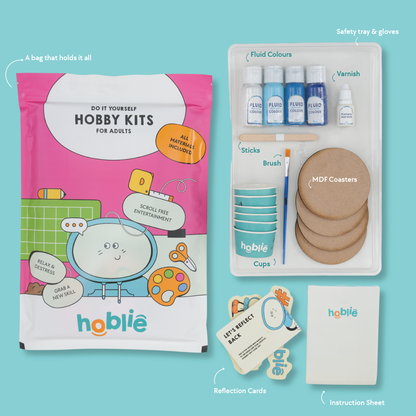 Hobby pour painting kit's packaging with all materials, reflection cards, and instruction sheet. The best DIY Kits for Adults - india