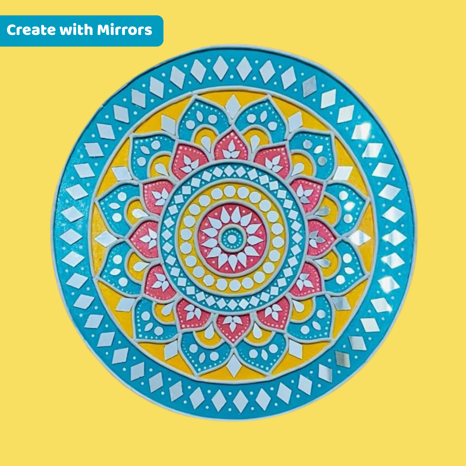 Colorful mandala design on a yellow background with 'Create with Mirrors' text.