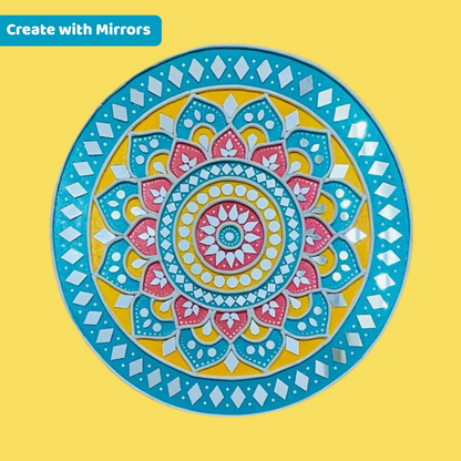 Colorful mandala design on a yellow background with 'Create with Mirrors' text.