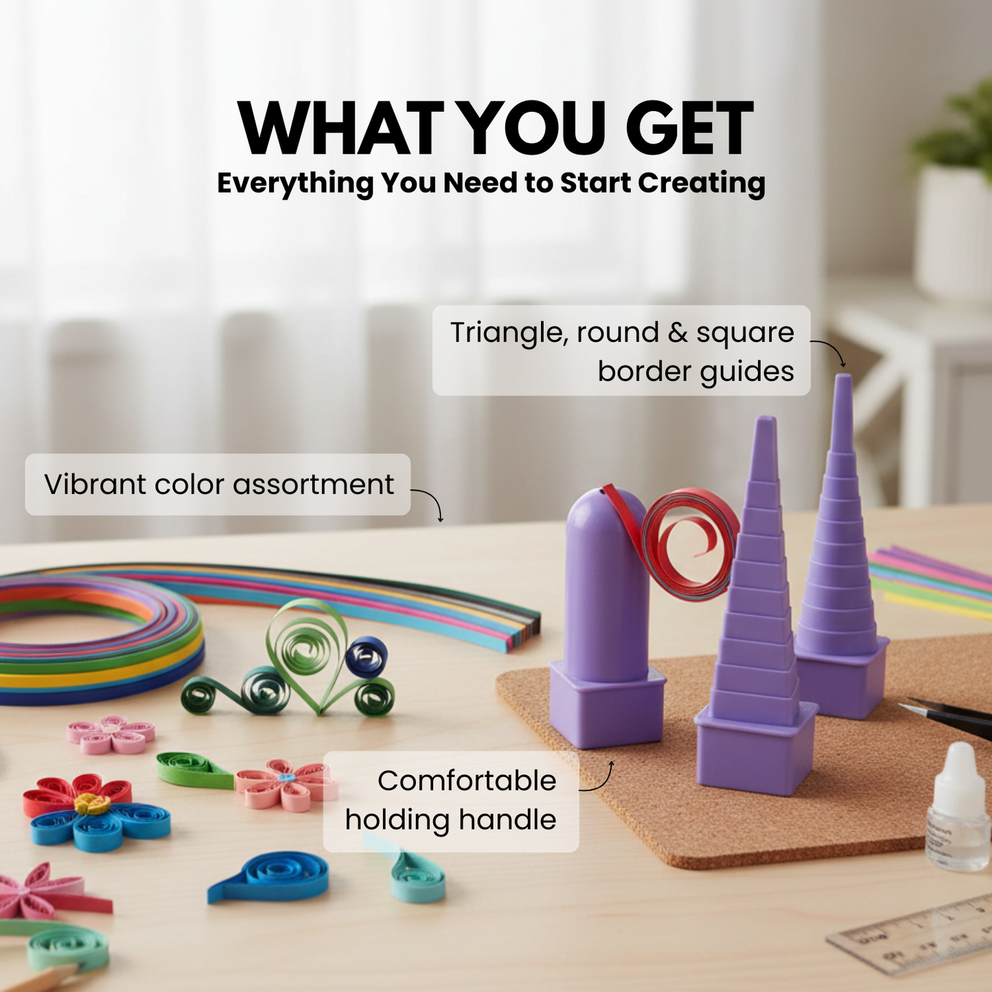 Colorful crafting tools on a table with text highlighting features.
