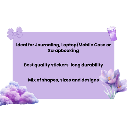 Promotional text for stickers ideal for journaling, laptop/mobile case, or scrapbooking on a purple background with floral elements.