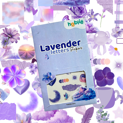 lavender letters stickers pack with a floral and abstract design background