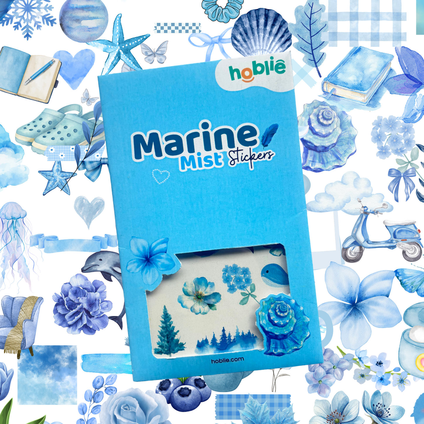  Marine Mist Stickers packaging with blue floral and nature-themed stickers on a blue background.