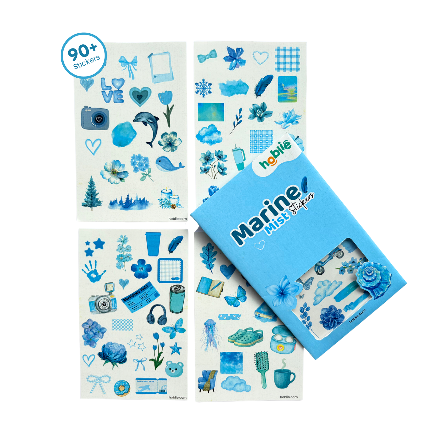 Set of blue-themed stickers with 'Marine Mist Stickers' packaging on a white background