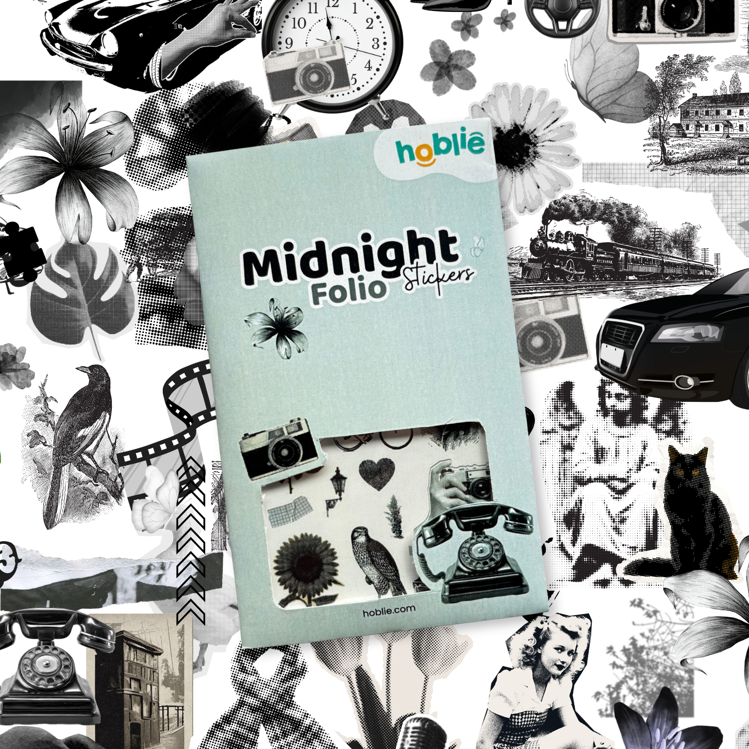 Midnight Folio Stickers packaging on a collage background with vintage images.
