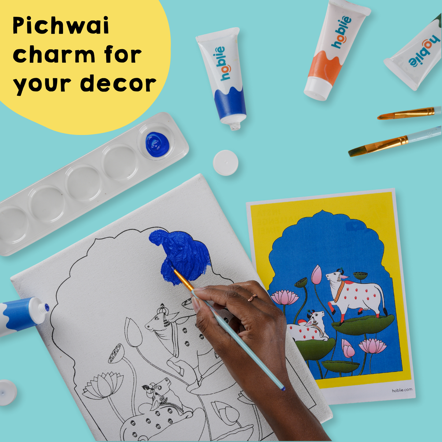 Artistic activity with paint tubes, palette, brushes, pre-printed canvas, and a reference guide. The best DIY Kits for Adults - india