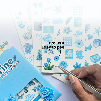 Blue sticker book with pre-cut, easy-to-peel stickers on a white background