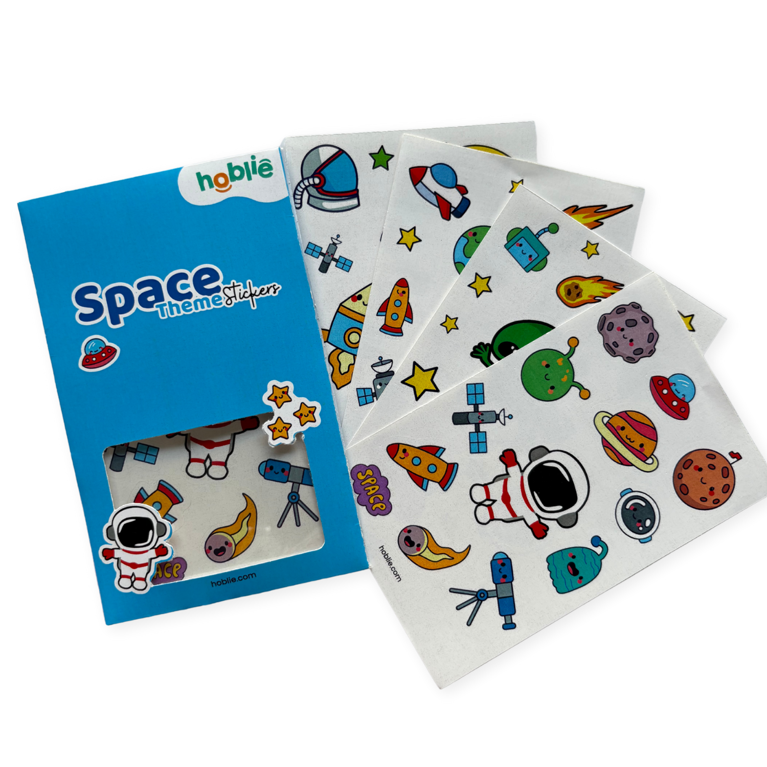 Space-themed stickers with a blue packaging box.