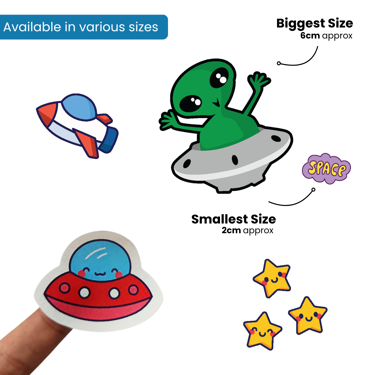 Illustrations of a green alien, spaceship, and stars with size information