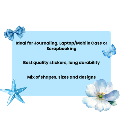 Promotional text for stickers ideal for journaling, laptop/mobile case, or scrapbooking with decorative elements on a light blue background.