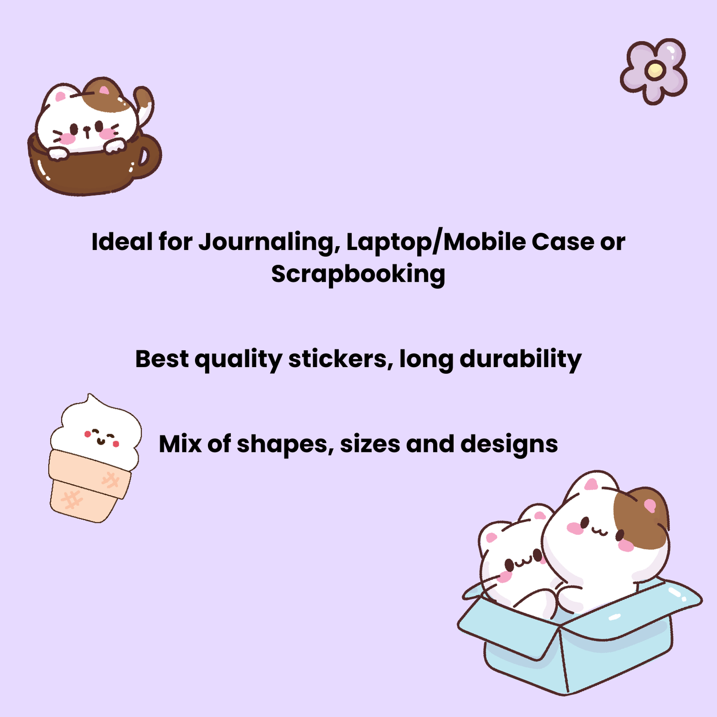 Promotional graphic for stickers  on a light purple background.