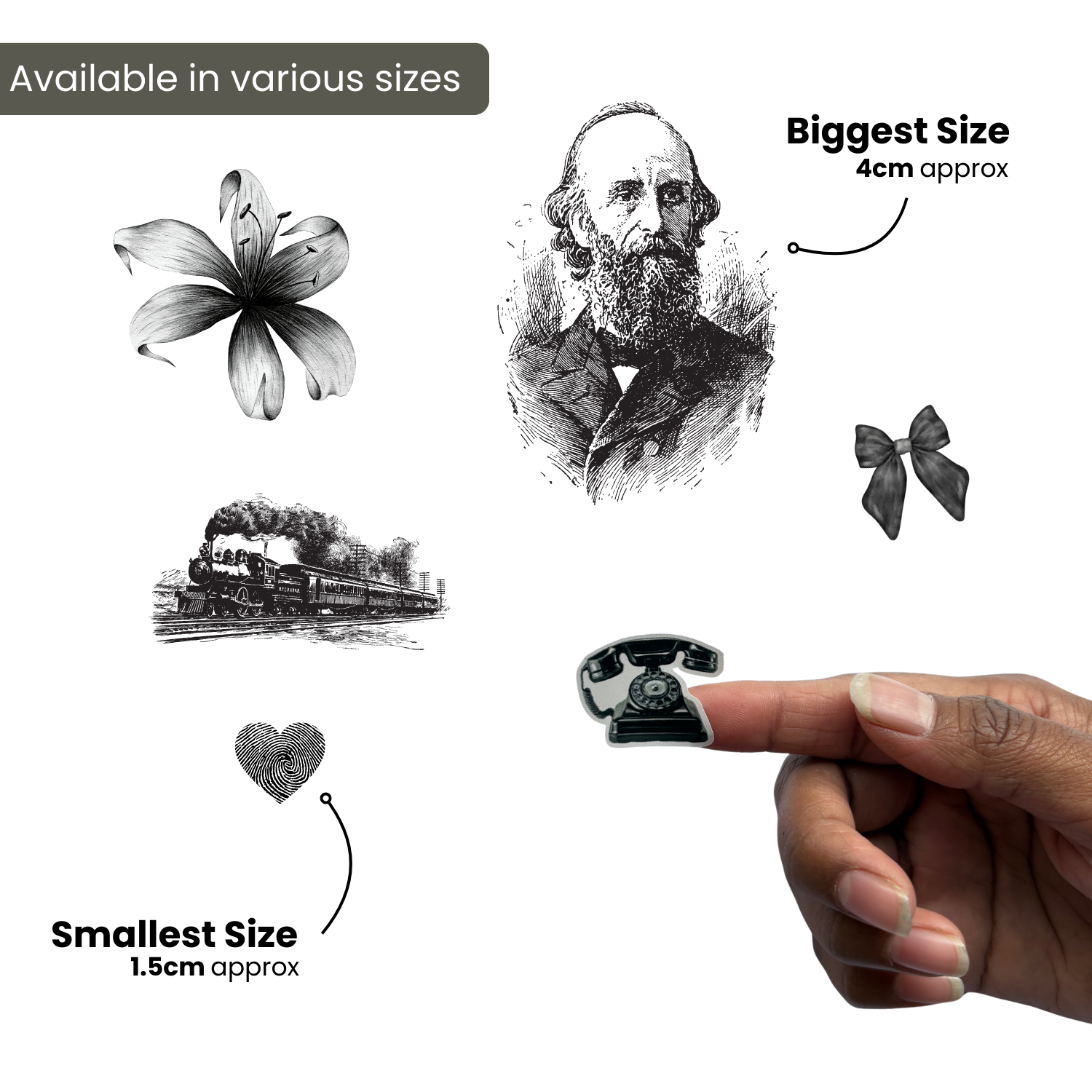 Illustrations of various objects with size annotations on a white background