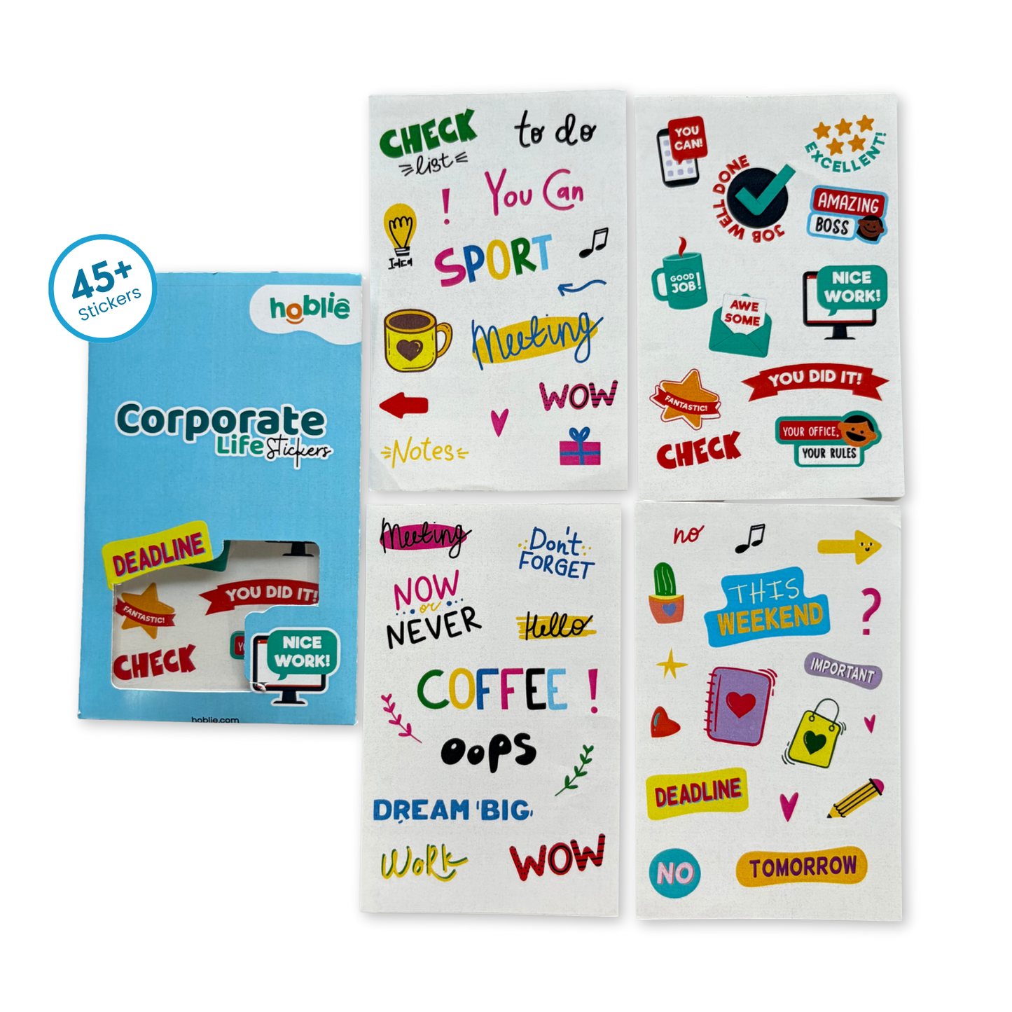 Packaging of 'Corporate Life Stickers' with colorful stickers