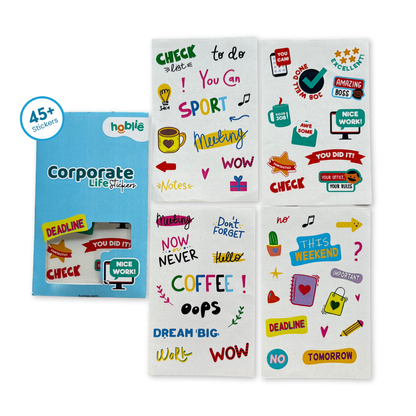 Packaging of 'Corporate Life Stickers' with colorful stickers