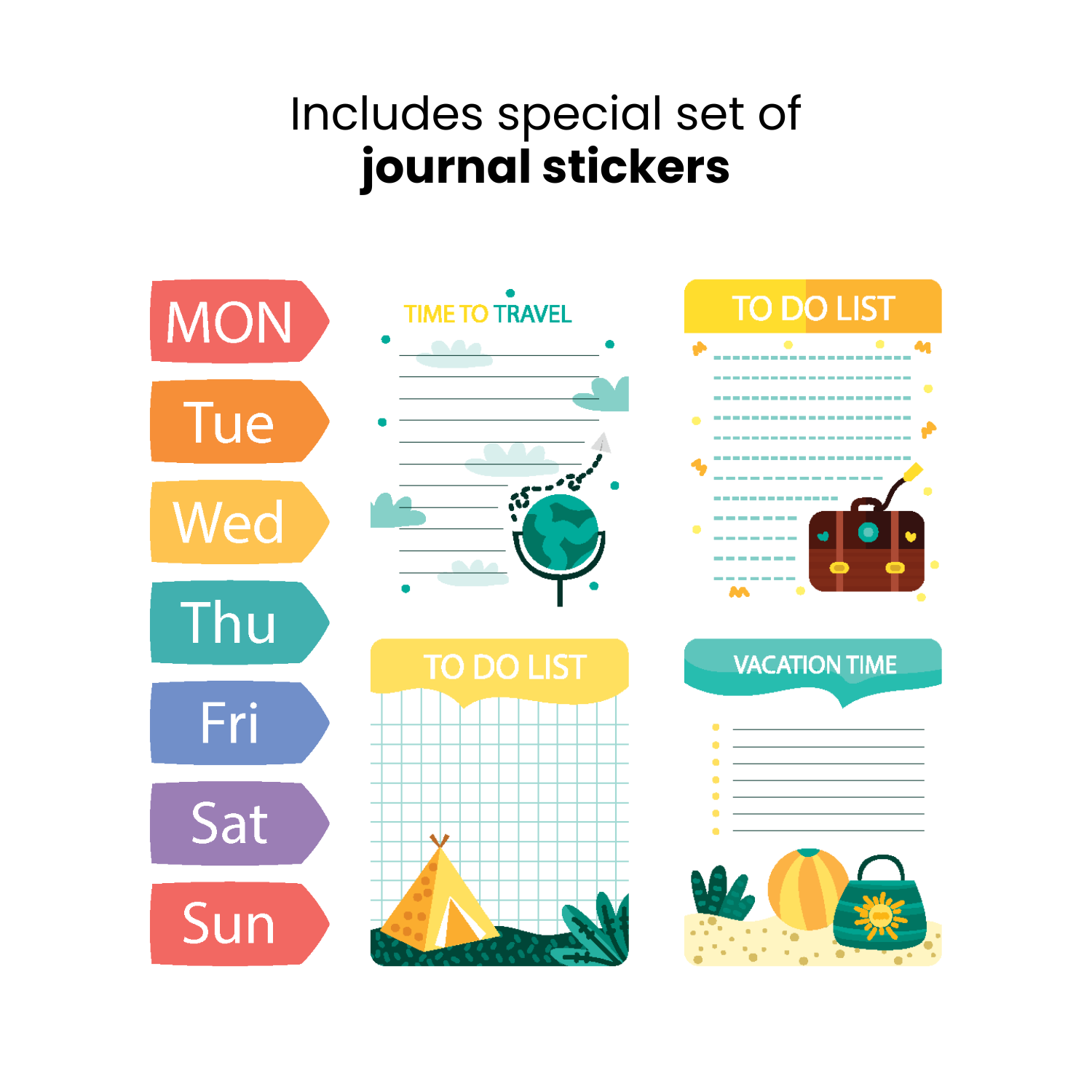 Weekly planner with colorful days of the week labels and travel-themed stickers.