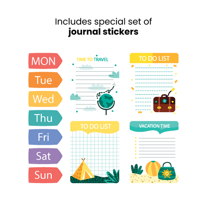 Weekly planner with colorful days of the week labels and travel-themed stickers.