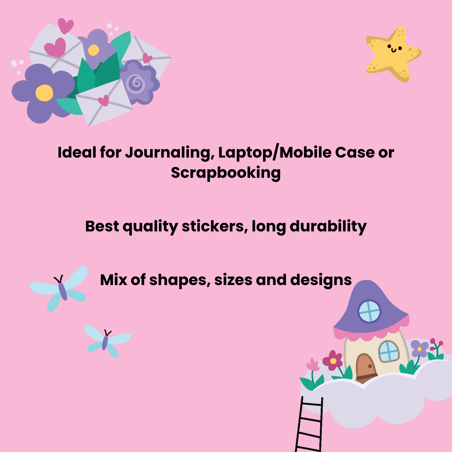 Decorative pink background with cartoon elements and text about stickers for journaling, laptop/mobile case, or scrapbooking.