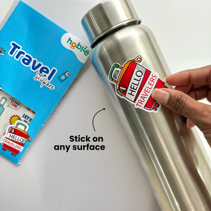 Silver water bottle with a 'Hello Travelers' sticker on a white background