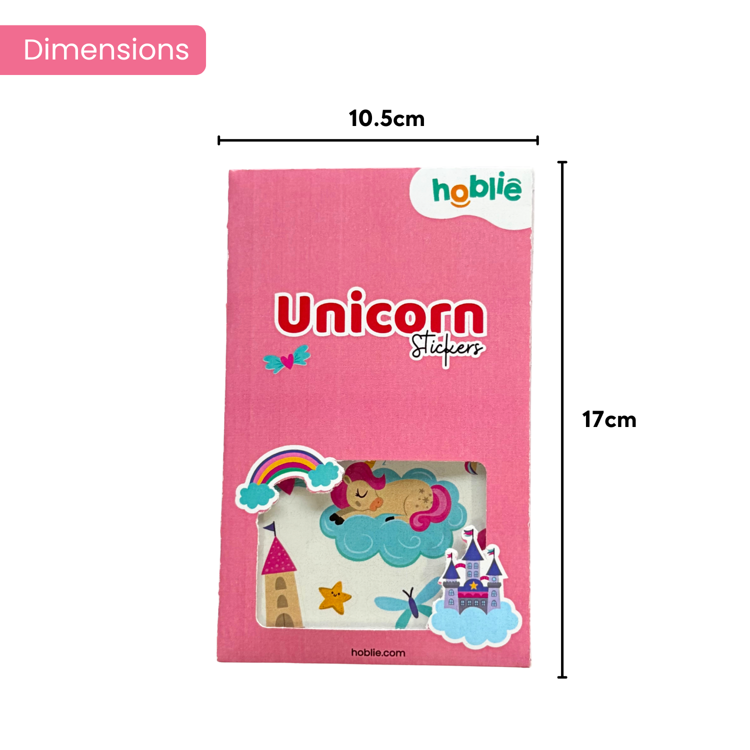 Pink packaging of unicorn stickers with  branding and dimensions indicated.