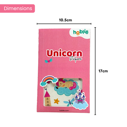 Pink packaging of unicorn stickers with  branding and dimensions indicated.
