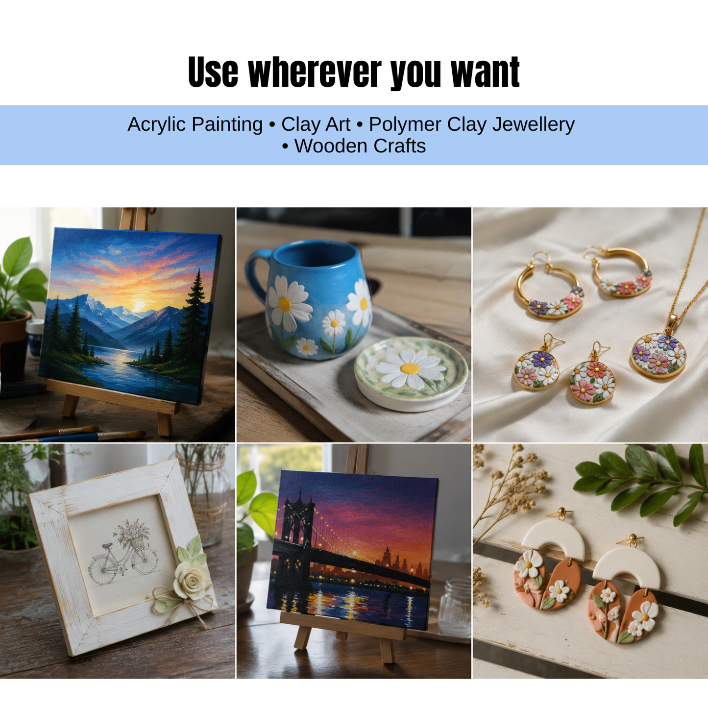 best for acrylic painting, polymer clays, wooden crafts 