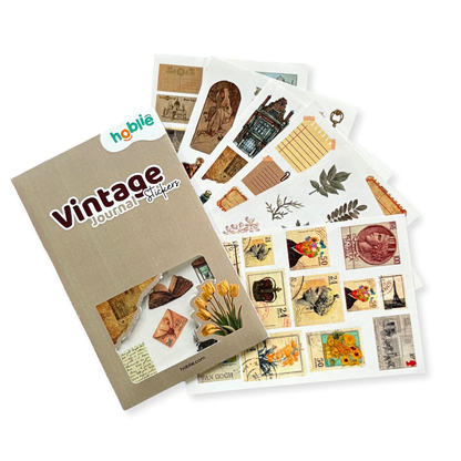 vintage journal stickers with a brown packaging box