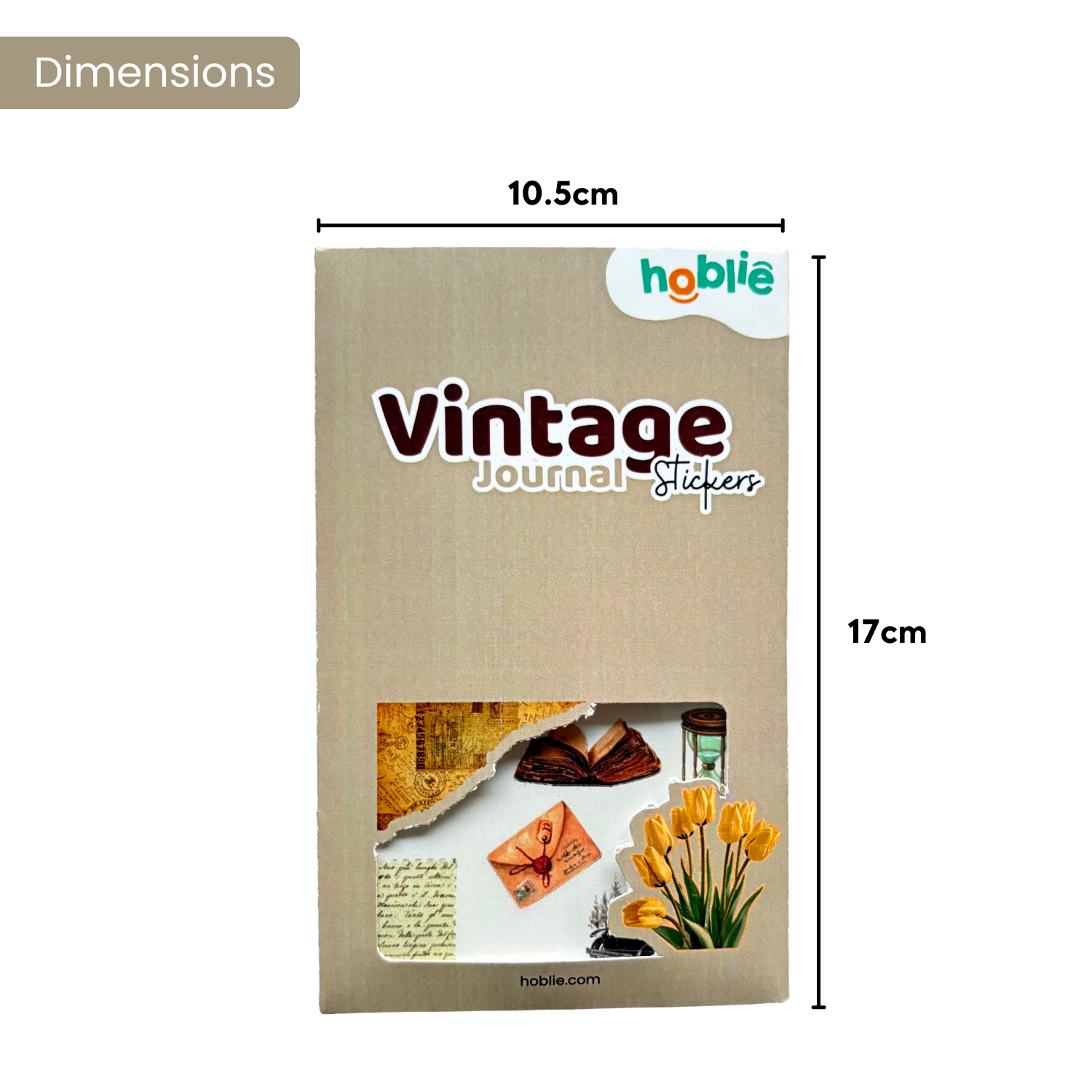 Beige vintage journal with dimensions and branding 
