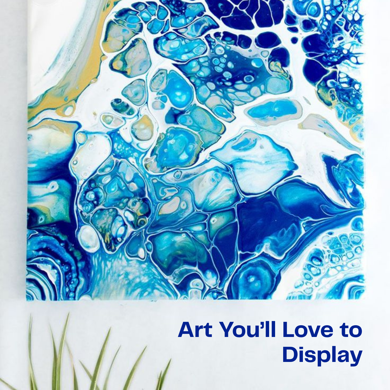 Abstract art piece with blue and white colors on a white background