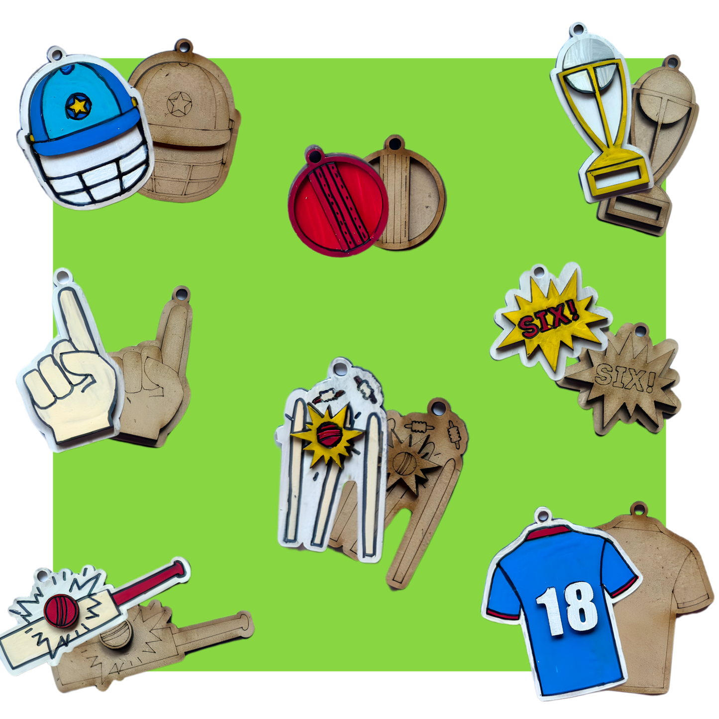 Collection of Cricket-themed decorative items on a green background