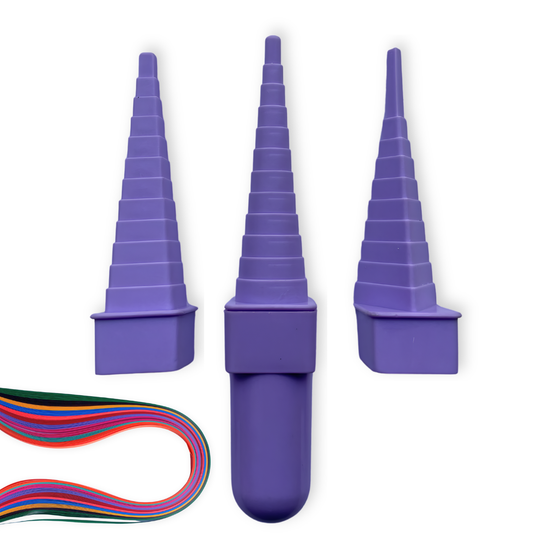 Purple cone-shaped tools with colorful strips