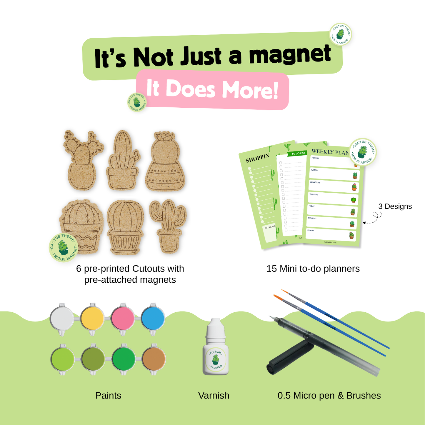 cactus DIY fridge magnet kit contents including MDF cutouts with magnets mini to do planners paints varnish micro pen and brushes craft kit
