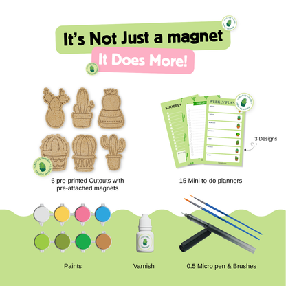 cactus DIY fridge magnet kit contents including MDF cutouts with magnets mini to do planners paints varnish micro pen and brushes craft kit