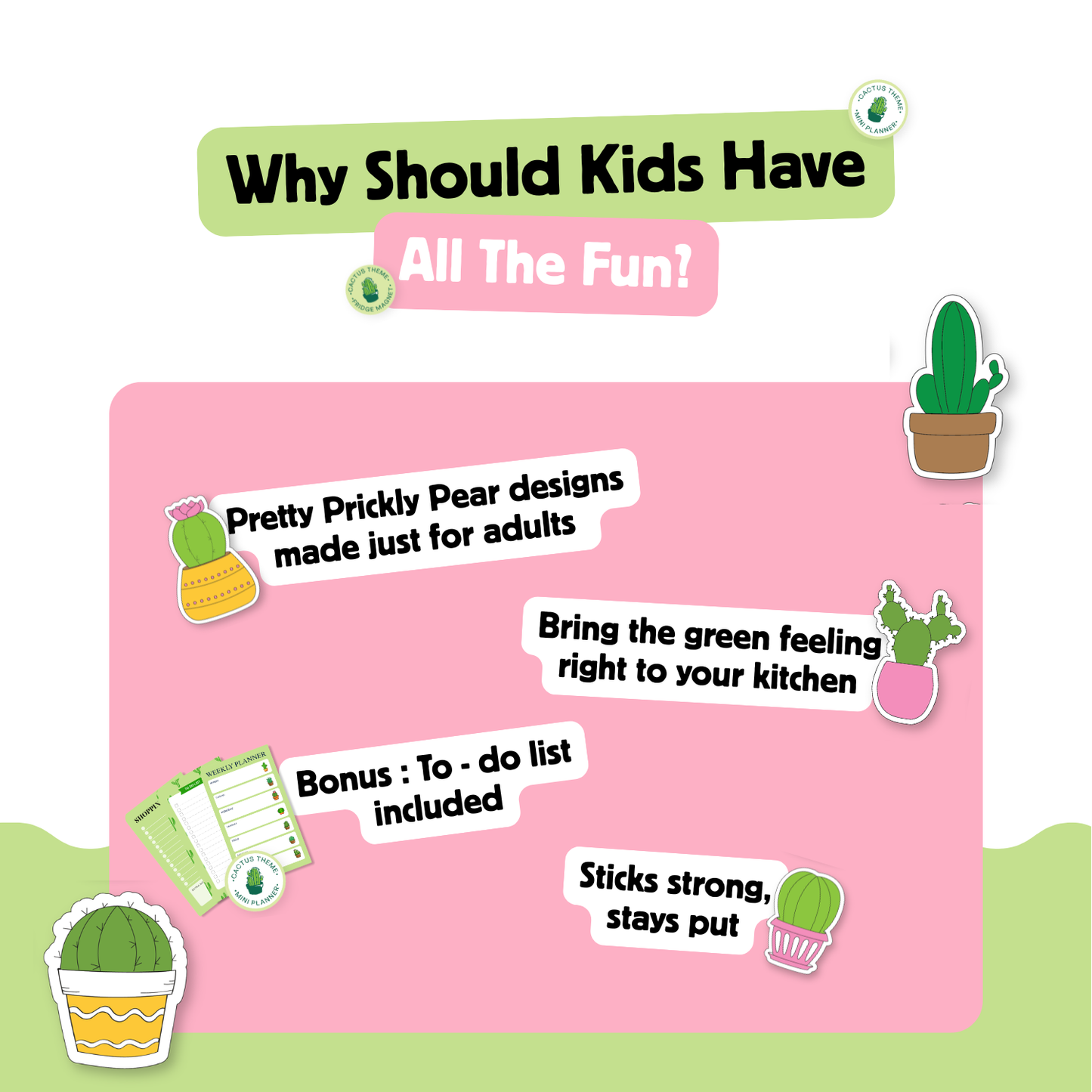 cactus DIY fridge magnet kit benefits showing creative activity mini planner bonus strong magnets and aesthetic cactus designs for home decor